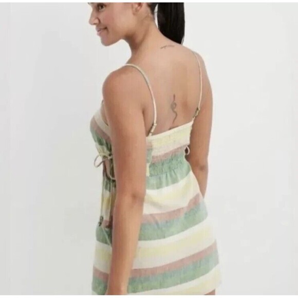 Aerie Mini Dress Size Medium Striped Multicolor Line Blend Side Cut Out Smocked - Picture 6 of 11